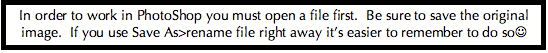 Text Box: In order to work in PhotoShop you must open a file first.  Be sure to save the original image.  If you use Save As>rename file right away it�s easier to remember to do so☺
